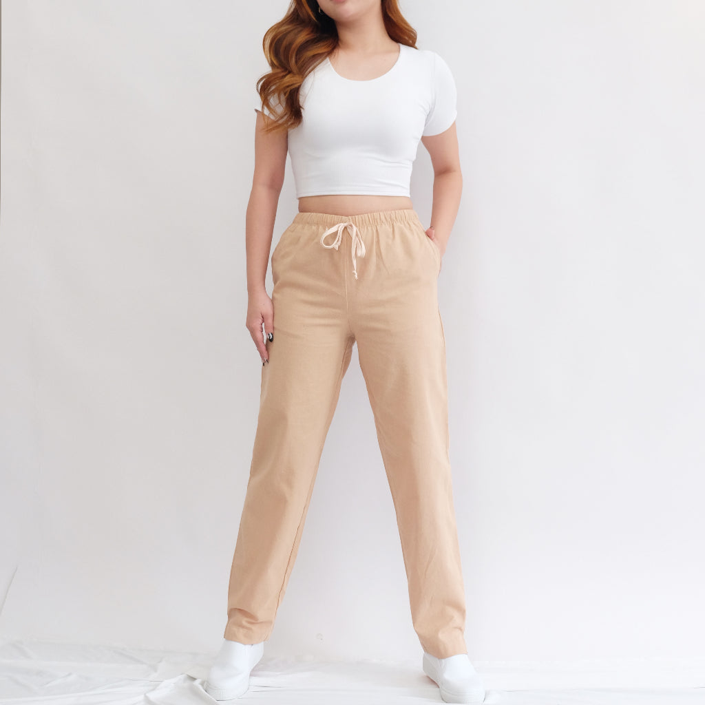 HTP Linen Pull-Up Pants With Tie And Pocket