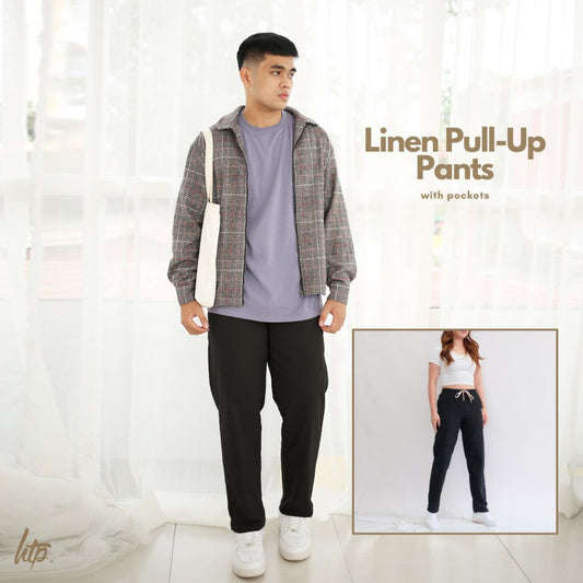 HTP Linen Pull-Up Pants With Tie And Pocket